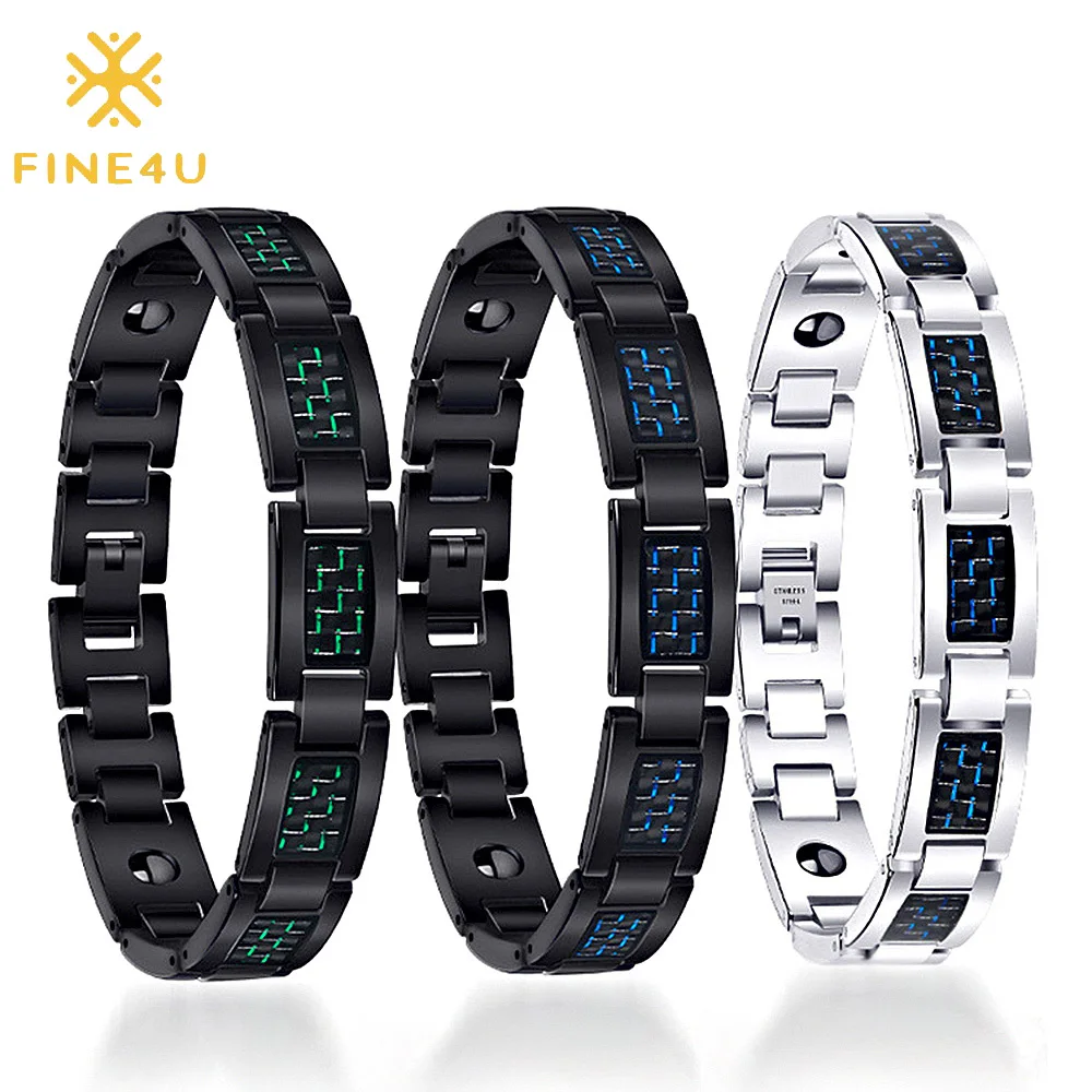 FINE4U B393 Mens Blue Carbon Fiber Titanium Magnetic Bracelet Magnet for Pain Relief | Украшения и аксессуары