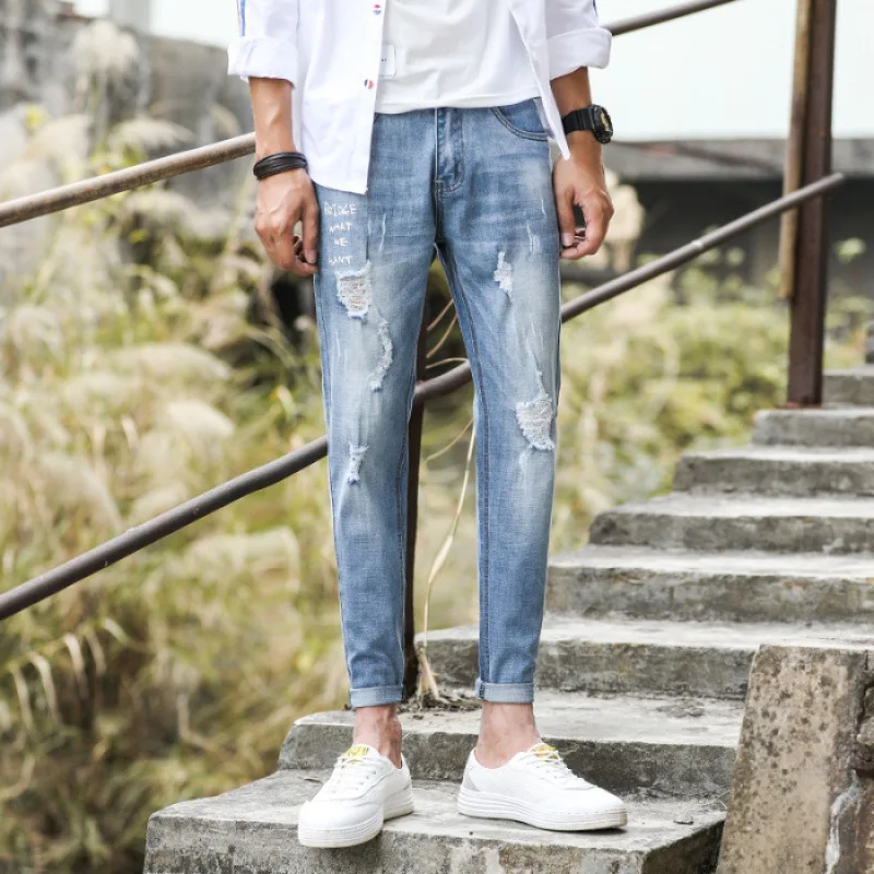 

Spring Summer Popular Brand Men Slim Fit Slimming Trend Korean-style with Holes Beggar Capri Cowboy Skinny Pants