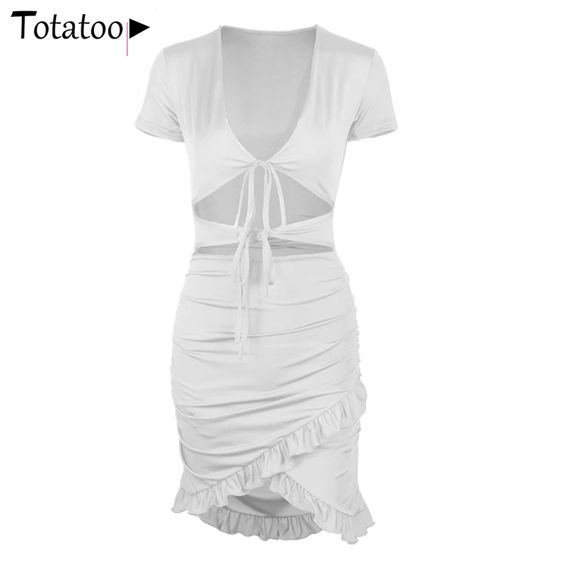 Totatoop Lace Up V Neck Ruched Bodycon Mini Dress Women 2020 Summer Hollow Out Ruffles Sundress Beachwear Vestidos