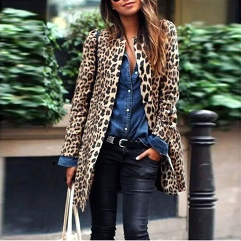 Winter Women Leopard Printed Cardigan Coat Ladies Long Sleeve Parka Outwear 2019