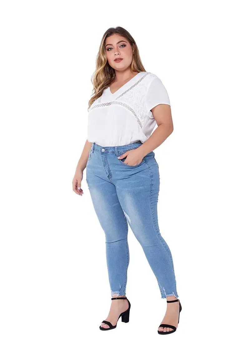XL-5XL весенние женские рваные джинсы больших размеров, повседневные эластичные узкие джинсы с дырками, женские синие джинсовые брюки больших размеров