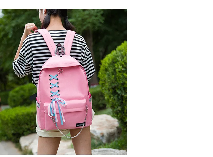 Chain Canvas female book bag backpack 5pcs/set school bag schoolbag travel pack fashion Tassel women teenage teenagers girl