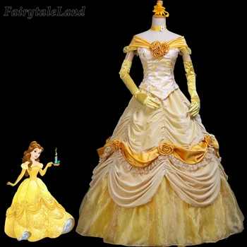 

Sparkling Belle Costume Cosplay Beauty And the Beast Suit Halloween Adult Women Lace Up Belle Yellow Fancy Dress
