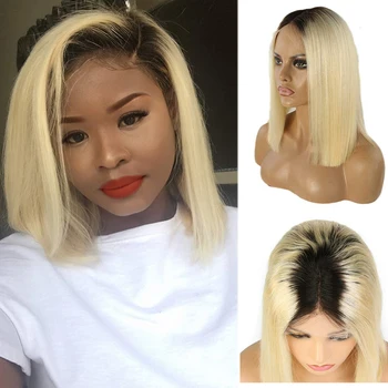 

T1B/613 Ombre Blonde Human Hair Wigs SOKU Brazilian Remy Straight Short Bob Lace Front Human Hair Wig With Baby Hair 613 Wig