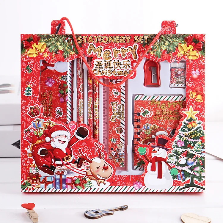 

Red Cute Student Stationery Sets Children's Christmas Stationery Gift Boxes Pencil Eraser Ruler Stationery Promotional Prize Set