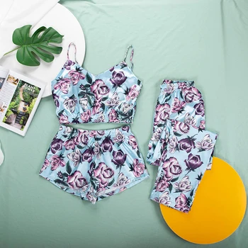 

HECHAN Purple Rose Pattern Sleepwear Women 3 Piece Set Satin Pajamas Sexy V Neck Sleeveless Top And Shorts Pants Home Wear Suits