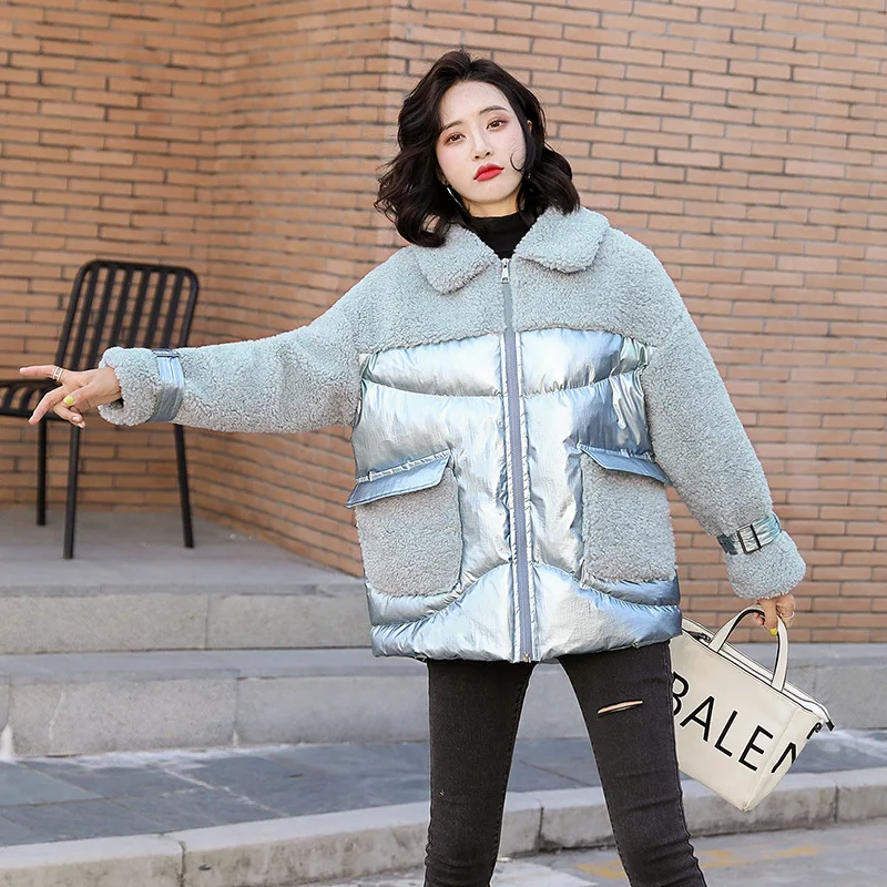 

Contrast Color Bright Surface Joint ke li rong Cotton-padded Clothes WOMEN'S Coat 2019 Winter New Style Thick Loose Cotton Coat