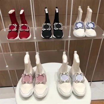

Crystal Buckle Boots Autumn Winter Ankle Boots Genuine Leather Women Boots Mesh Sport Shoes Fashion Ladies Shoes Fabric Boots