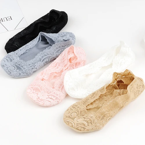여성용 여름 실리카 젤 레이스 보트 양말, 보이지 않는 코튼 밑창, 미끄럼 방지 슬리퍼, 미끄럼 방지 짧은 양말, 3 쌍 3