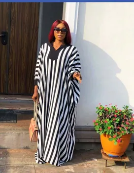 

Black and white stripe big bat sleeve large size African European fashion loose dress fashion autumn and winter cross-border sou