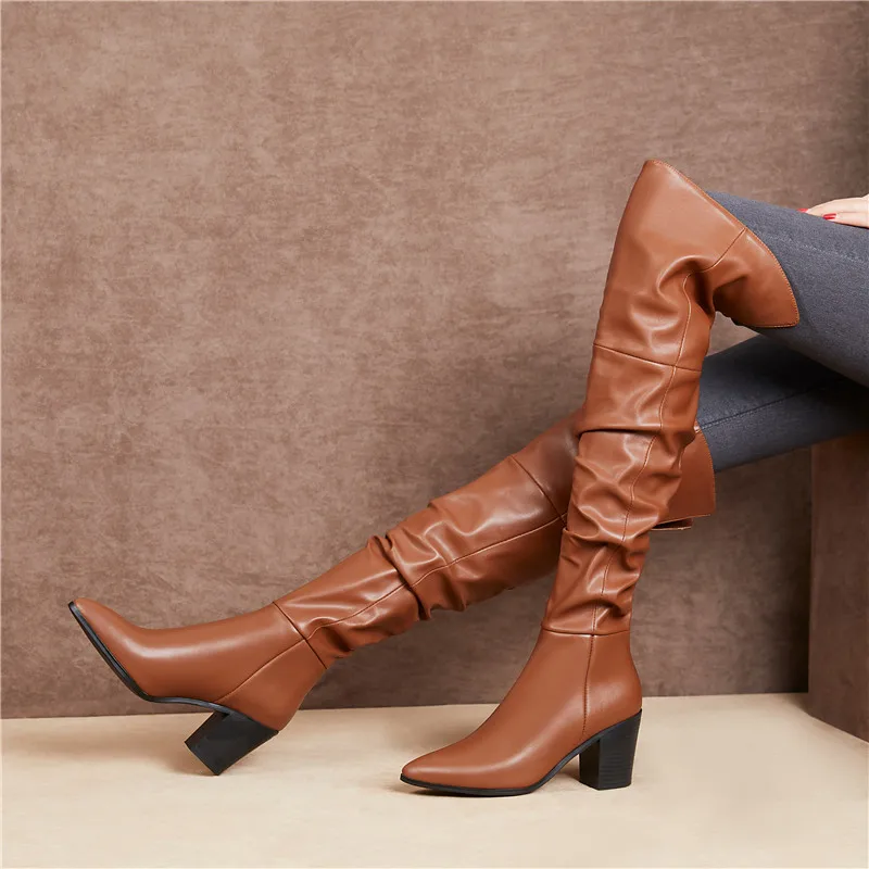 Genuine Leather boots women First layer leather over the knee high boots round head rubber bottom motorcycle boots women winter