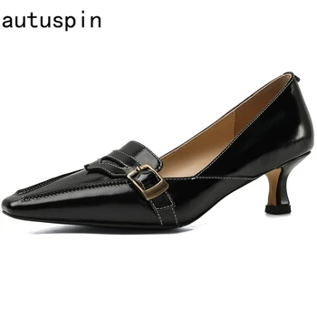 

autuspin Genuine Leather Women Black White Pumps Fashion Concise Buckle Decoration Mid Heels 2020 Elegant Party Prom Shoes Woman