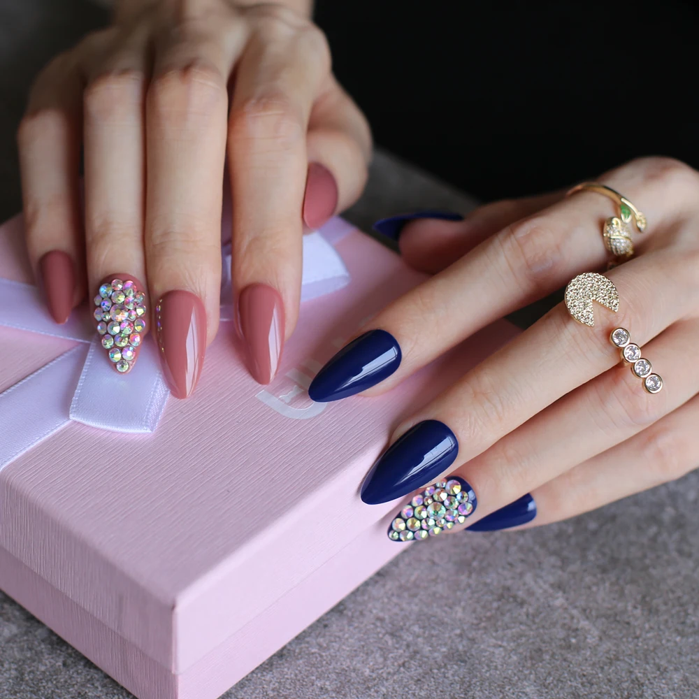 UV glossy false nails Water droplets shiny wedding nails burgundy stiletto blue full crystal diamonds Handmade 28pcs full set