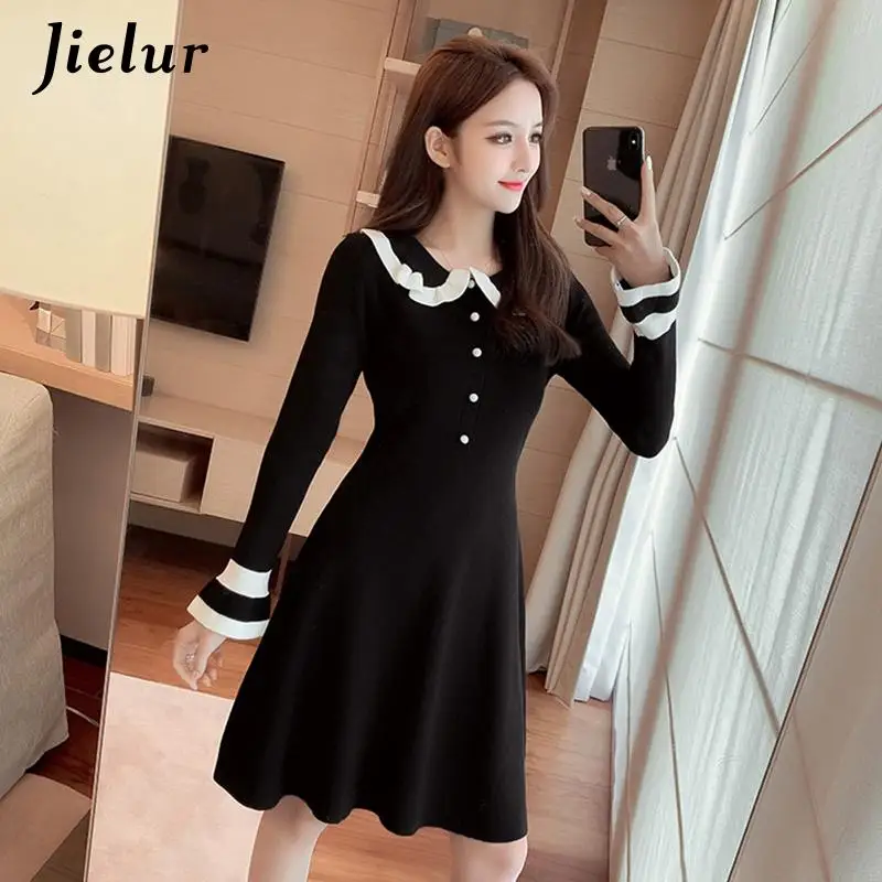 Jielur трикотажное платье для женщин корейский кукольный воротник с длинным