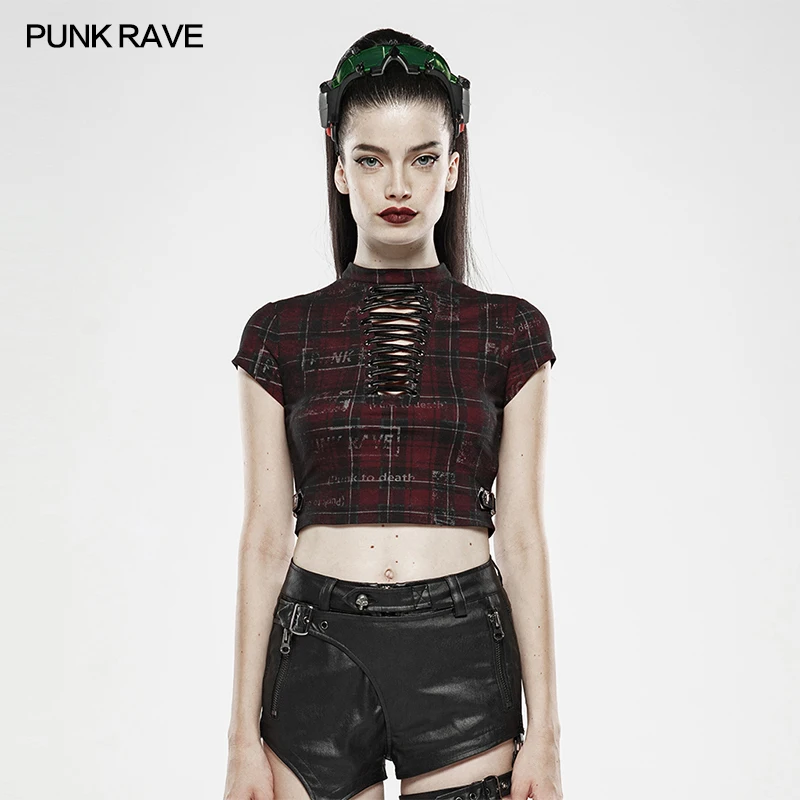 PUNK RAVE Women Hollow-out Strap Short-sleeved T