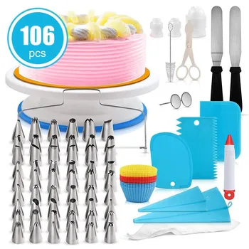 

106pcs/pack Cake Decorating Supplies Baking Pastry Tools Kit with Rotating Turntable Stand Cake Smoother Dessert Baking Supplies