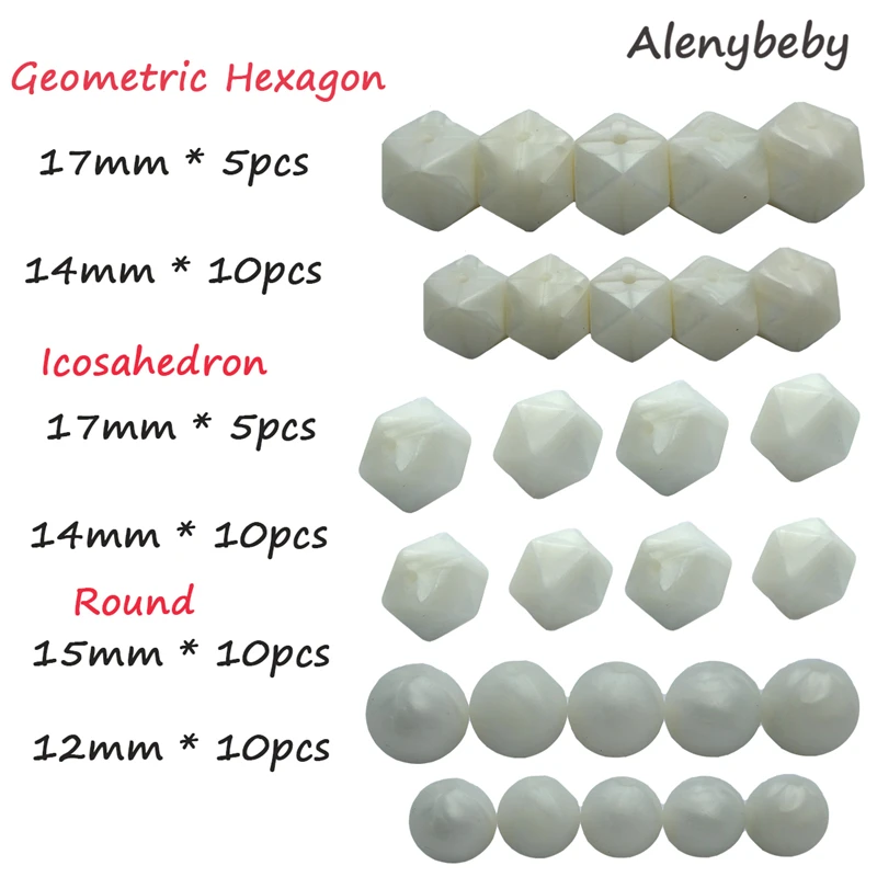 pearl white 50pcs DIY Silicone Beads Teether Set Baby Teething Hexagon Round Icosahedron Food Grade Beads BPA Free Care Necklace Making Toy - Цвет: pearl white
