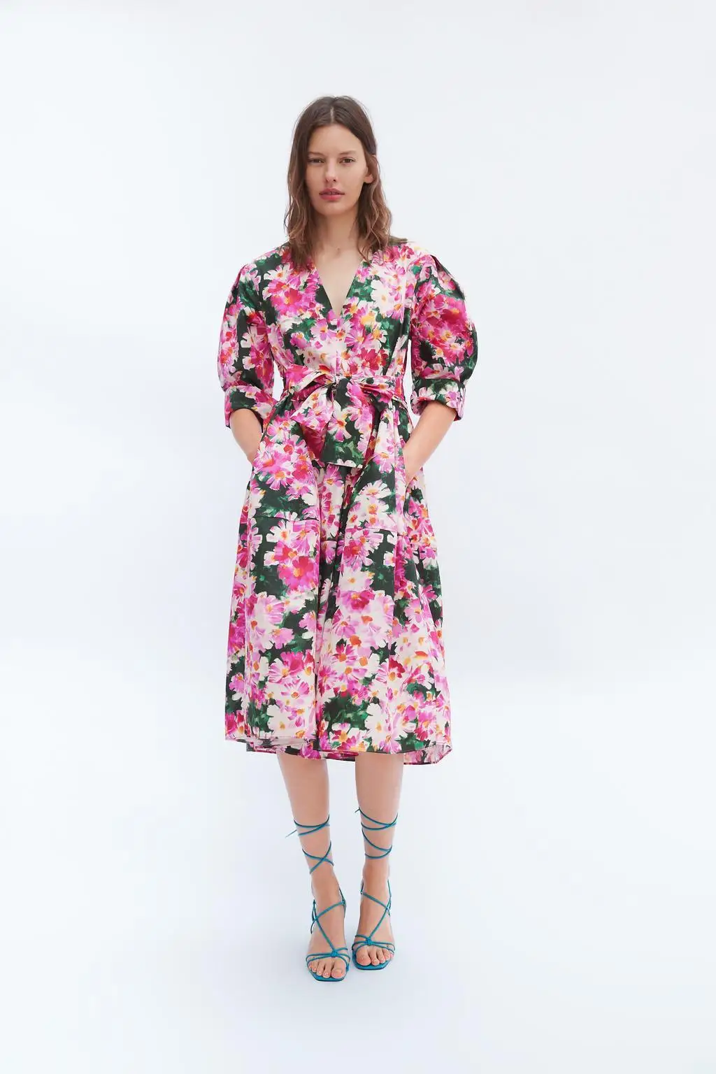 

2019 Summer Western Style ~ Versitile Fashion Hipster V-neck Half-sleeve Shirt with Belt Floral Printed Dress WOMEN'S Dress