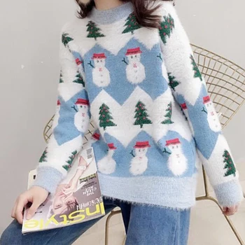 

Christmas Knitted Sweater Snowman Women Mohair Plush O-Neck Long Sleeve Casual Pullovers Winter imitation Velvet Sweater