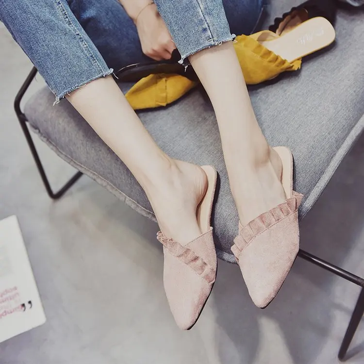 

Vintage Spring Summer 2019 New Style Flat Shoes Pointed Toe Flounced Closed-toe Suede Mules Shoes Flat WOMEN'S Slippers