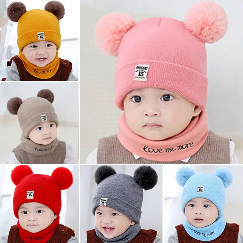Pudcoco 0-12 M, шапка с помпоном для новорожденных мальчиков и девочек, зимняя теплая шапка с помпоном вязаная Шапочка, набор из шапки и шарфа