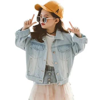 

Children's Jacket Floral Print Denim Jacket For Girls Letter Hole Jacket Girl Spring Autumn Fashion Girls Clothes For 8 10 12 14