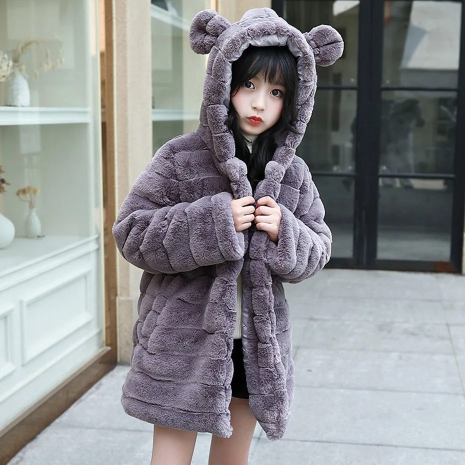 Пальто для девочек, Детское пальто с мягким мехом для девочек, куртка с рисунком кролика для детей, зимняя подростковая одежда для девочек 6, 8, 10, 12, 14 лет