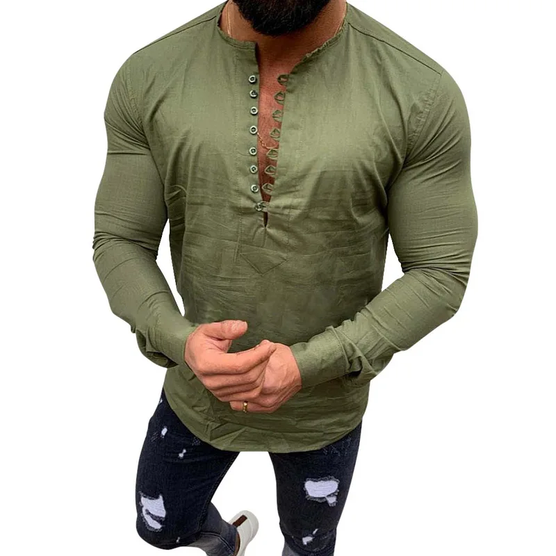 CYSINCOS, Мужская блузка, хлопок, лен, рубашка, свободные топы, длинный рукав, рубашки, одноцветные, для отдыха, пуловеры для фитнеса, Camisa, толстовки - Цвет: Army Green