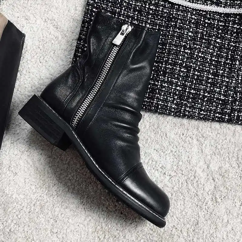 krazing pot pleated sheep leather superstar low heel western round toe zipper personalized design wear mid-calf boots l09 - Цвет: Черный