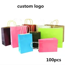 100 шт., Пользовательский логотип Крафт бумажный мешок с ручкой на заказ Подарочный мешок для магазина одежды мешочки для ювелирных изделий персонализированные