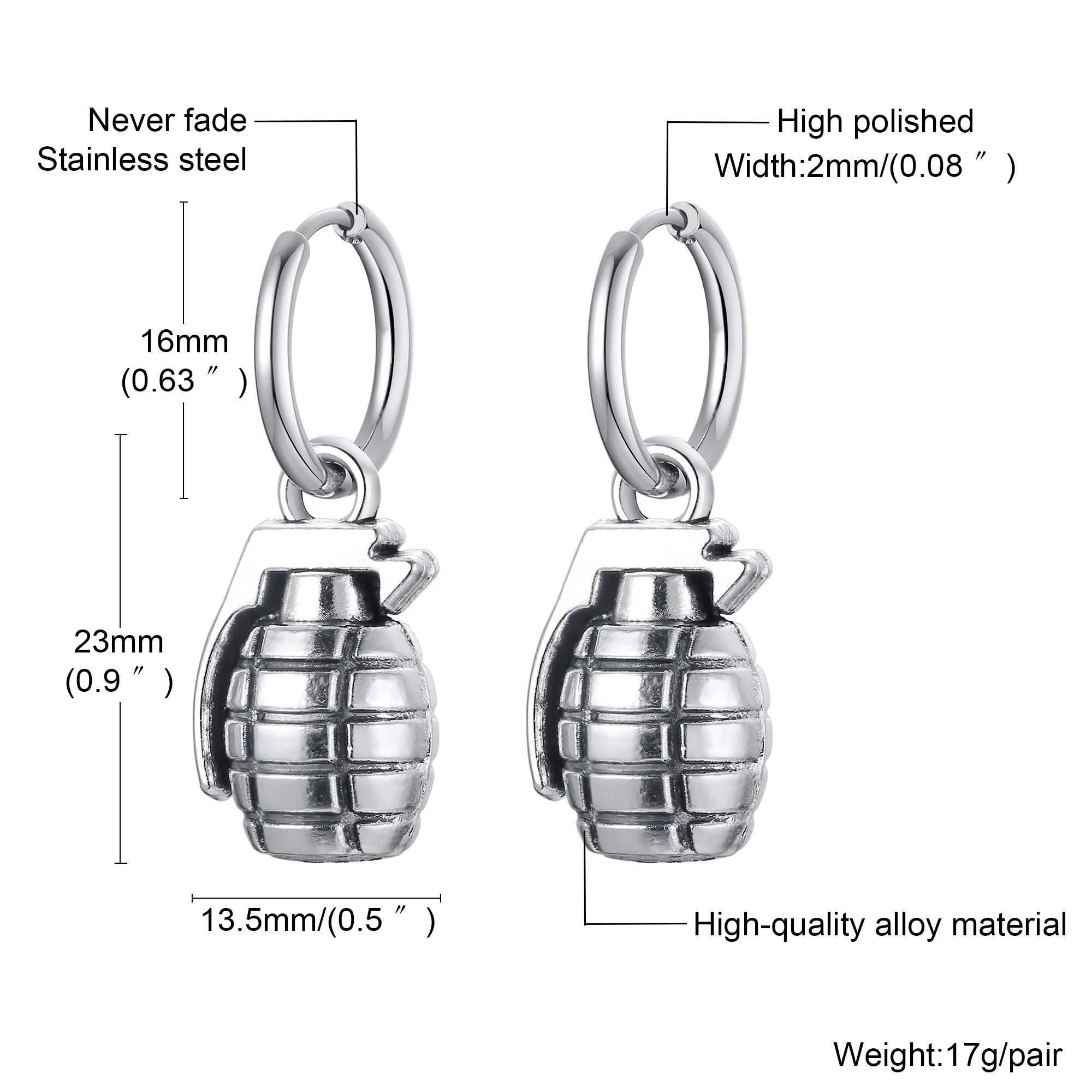 FUN GRENADE SHAPED EARRINGS FOR MEN JEWELRY STAINLESS STEEL HOOP EARING GIFT FOR HIM
