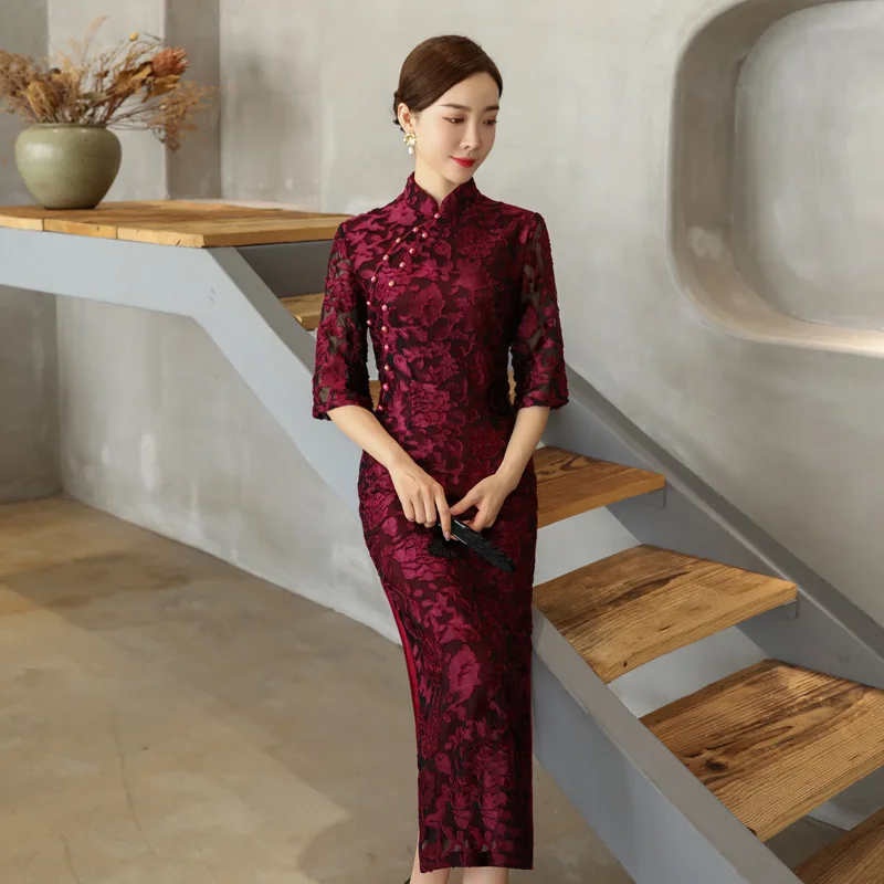 

Oversized 3XL 4XL Sexy Female Qipao Velvet Lace Patchwork Chinese Dress Vestidos Perspective Mandarin Collar Beads Cheongsam