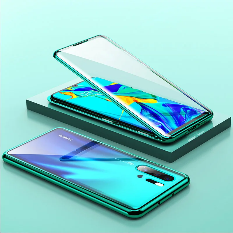 green Магнитный чехол на honor 10 lite 10 светильник 20 pro двухсторонний чехол из закаленного стекла для huawei p30 lite p 30 pro металлический чехол - Цвет: green