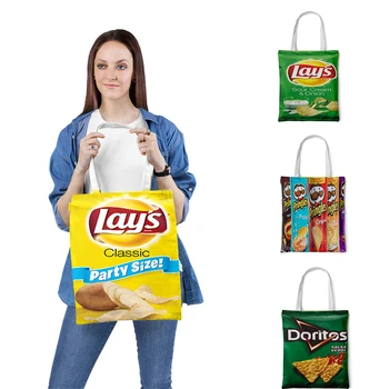 

Potato Chips Printed Shopping Bag Eco Reusable Tote Cartoon Shoulder Folding Pouch Handbags Portable Storage Pouch