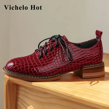 

Vichelo Hot superstar recommend real leather round toe med heel classic style shoes women solid young lady daily wear pumps L8f3