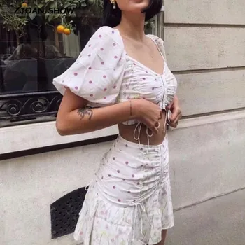 

2020 New White Floral Short T-shirt Crop Top Sexy Women Lacing Up Ruched Hem Mini Short Skirt Short Sleeve Tops 2 Pieces Set