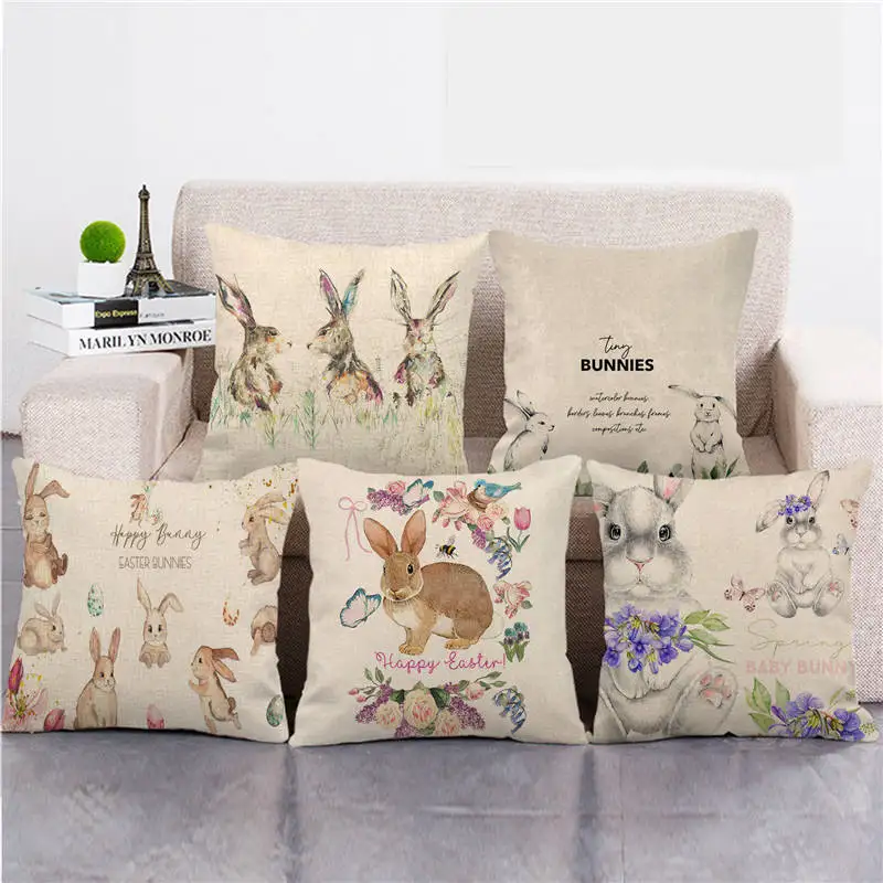 45cm*45cm Happy Easter Eggs Cute Rabbit Color Flowers Linen/cotton Throw Pillow Covers Couch Cushion Cover Home Decor Pillowcase | Дом и сад