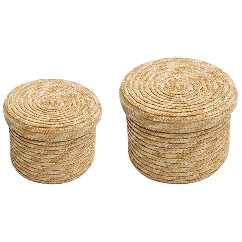 

2Pcs/Set Creative Decorative Basket Wheat Straw Woven Storage Basket Innovative Basket Rustic Natural Brown Finish Storage