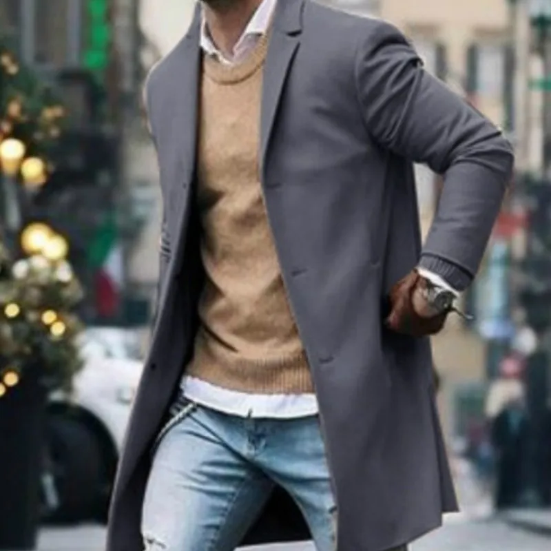 Fashion Men's Wool Coat Trench Winter Autumn Pocket Warm Coat Outwear Male Overcoat Long Sleeve Button Up Jacket Top M-3XL