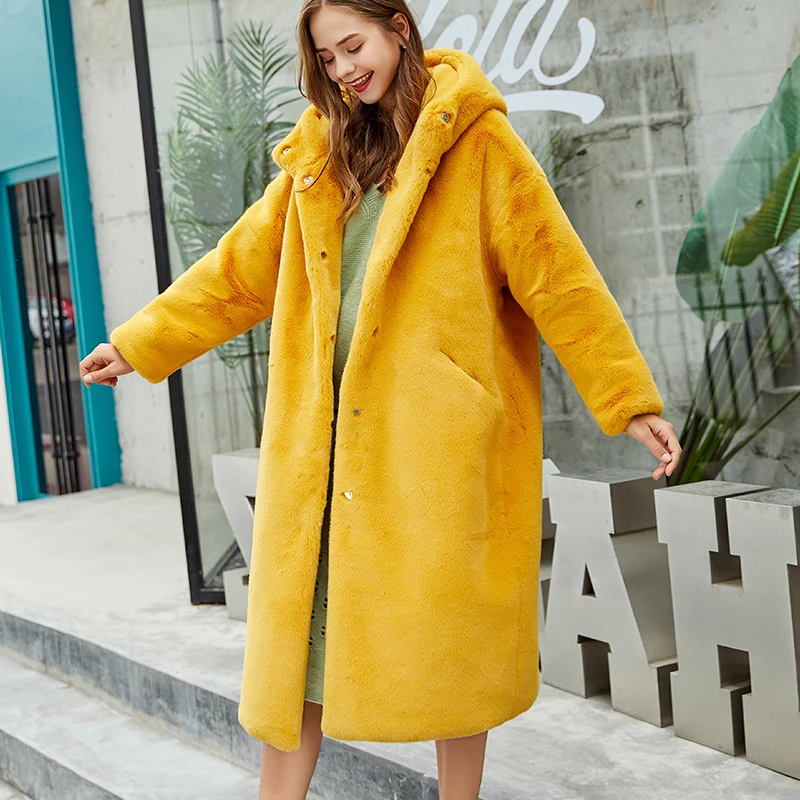 Women Winter Hooded Faux Rabbit Fur 
