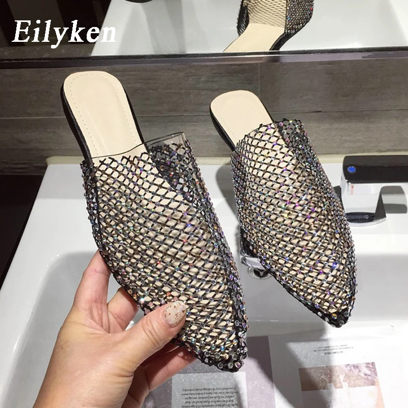 

Eilyken 2020 New Fashion Diamond Women Flat Mules Slippers Slip On Pointed Toe Bling Crystal Ladies Slides Slippers