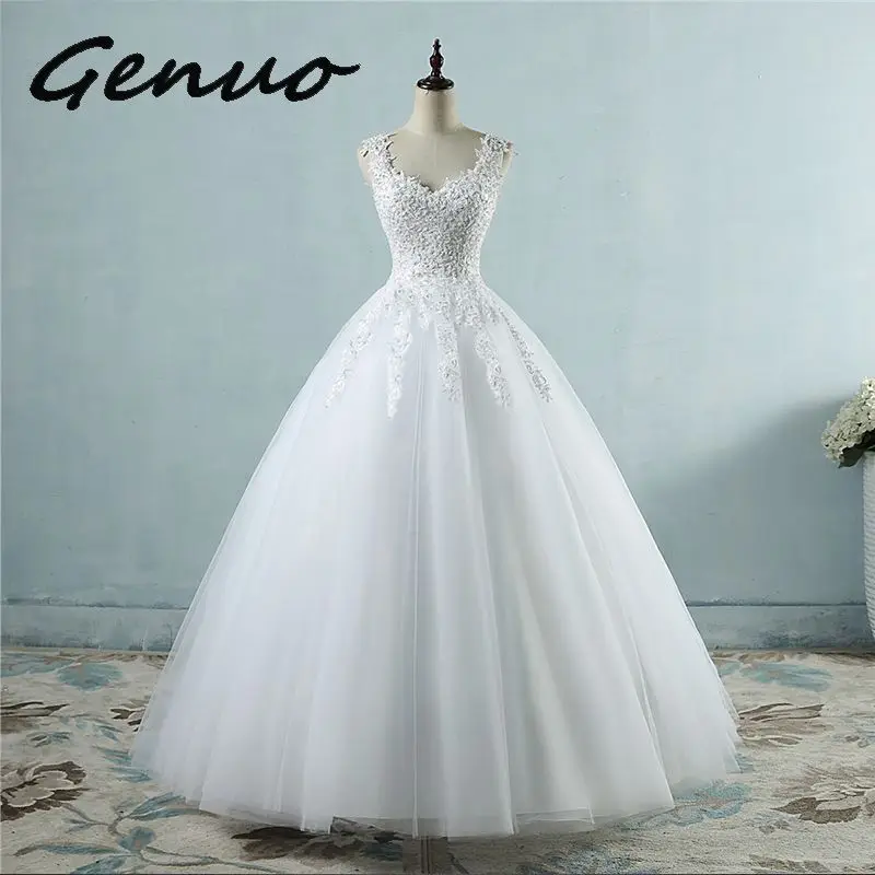 Genuo/Новинка года; Vestidos de fiesta Correas espaguetis Vestidos de novia de tul de marfil blanco con perlas Vestido de novia