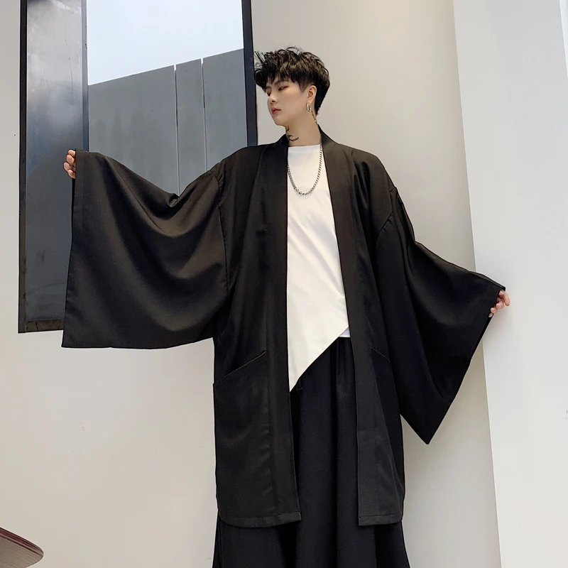 Мужские широкие манжеты Летучая мышь с длинным рукавом в винтажном японском стиле кимоно кардиган пальто мужской уличная Свободный Повседневный длинный Тренч Куртка Верхняя одежда