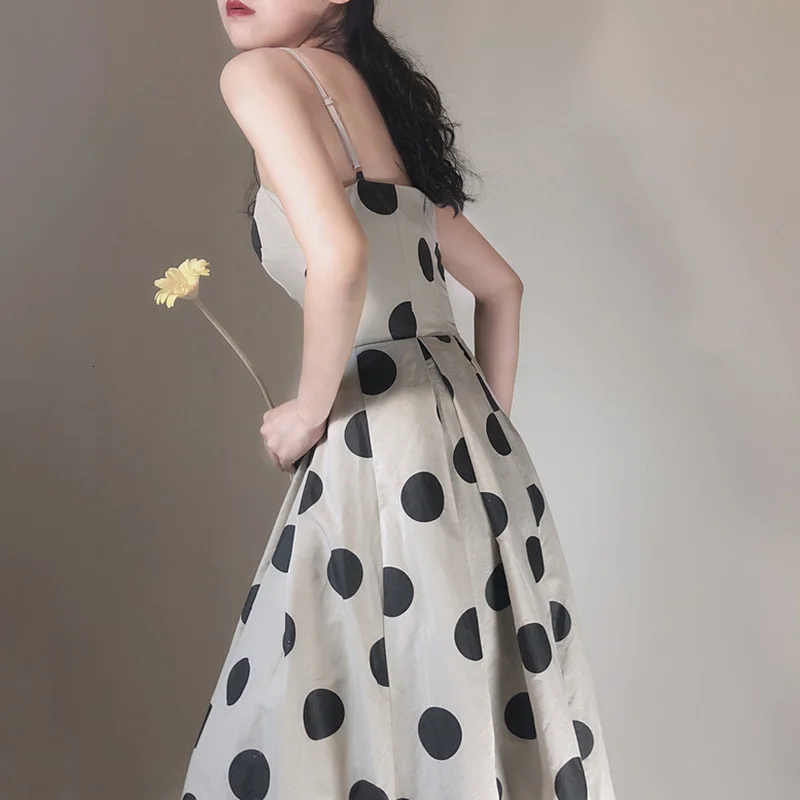 [DEAT] New Casual Women Summer Dress Elegant Khaki Black Dot Pattern Sleeveless Strapless Spaghetti Strap Long Dresses NA738
