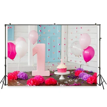 

HUAYI modern house backdrop with balloons and cake1st birthday party background girl birthday party decoration XT- 6670