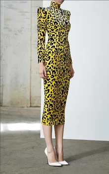 

High Quality Long SLeeve Dress Leopard Elegant Celebrity Autumn Winter Women Night CLub Bodycon Sexy Dress