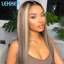 

Lekker 22" Highlight Brown Straight 13x1 HD Lace Front Human Hair Wig For Women Glueless Brazilian Remy Hair Ombre 99j Red Wig