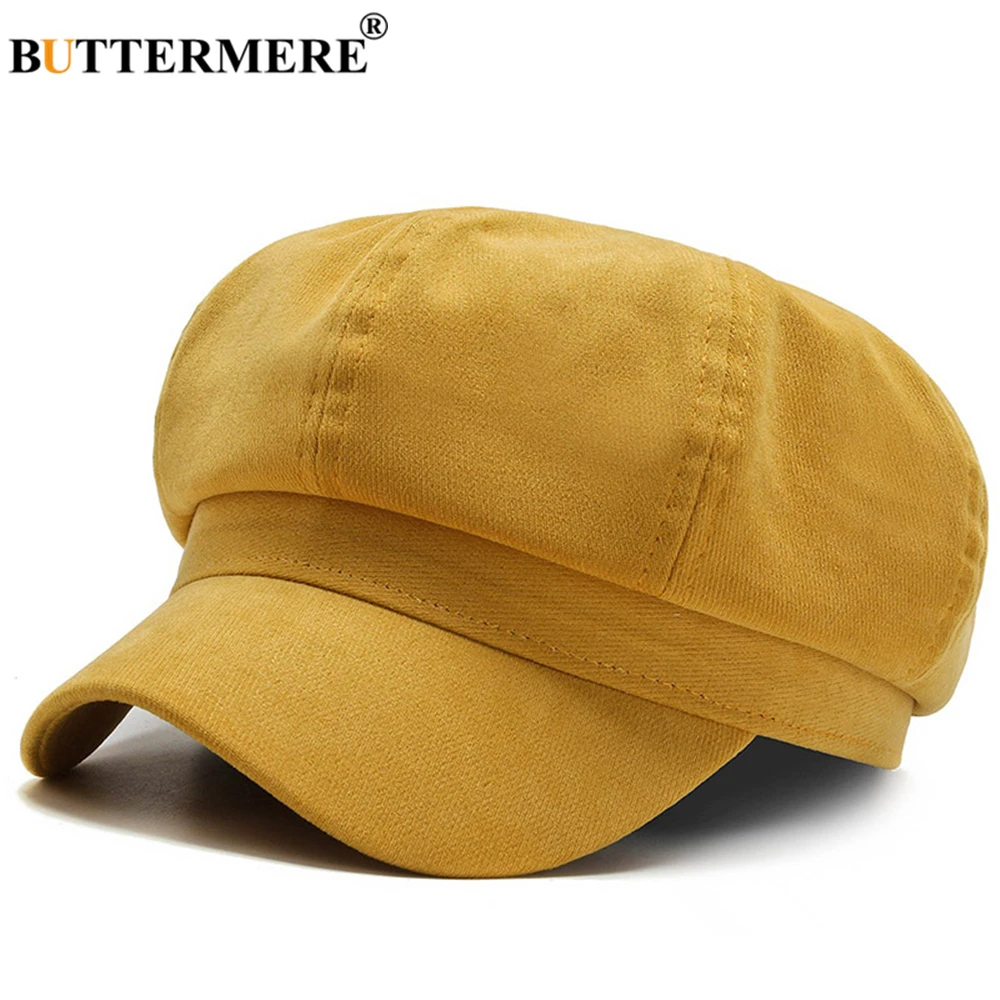 

BUTTERMERE Yellow Women Hat Autumn Winter Newsboy Hats for Women Solid Vintage Octagonal Hat Female Flat Cap