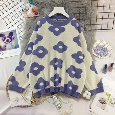 purple Осень, Модный женский вязаный свитер, Женский пуловер, топы с цветочным принтом, длинный рукав, свободные свитера для женщин - Color: purple