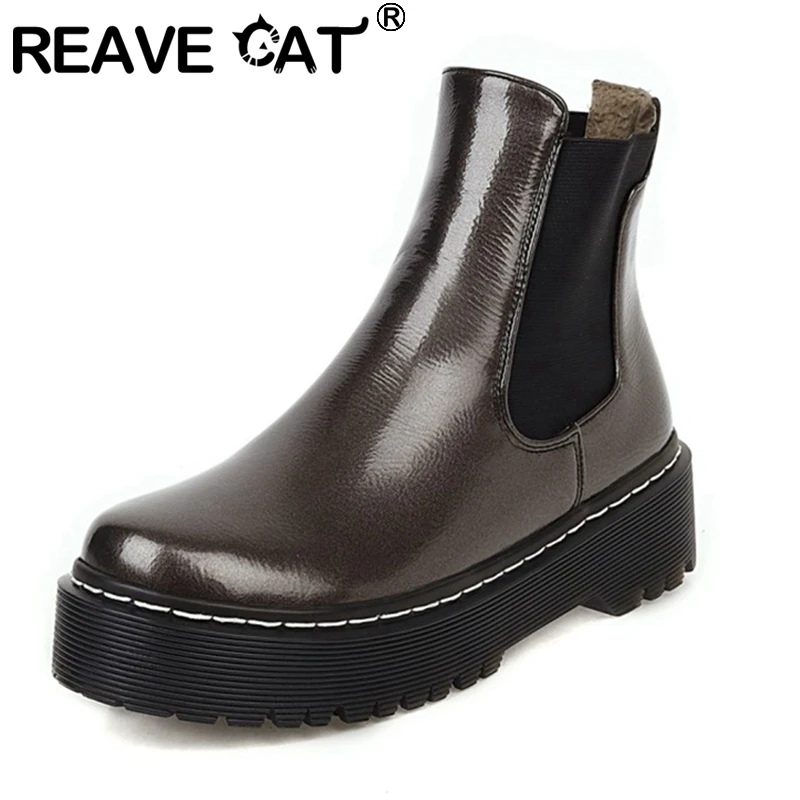 

REAVE CAT 2021 Lady Ankle Knight Boots Platform Metal Leather Short Plush Slip On 5CM Thick Sole Block Heel Black Red Grey A4463